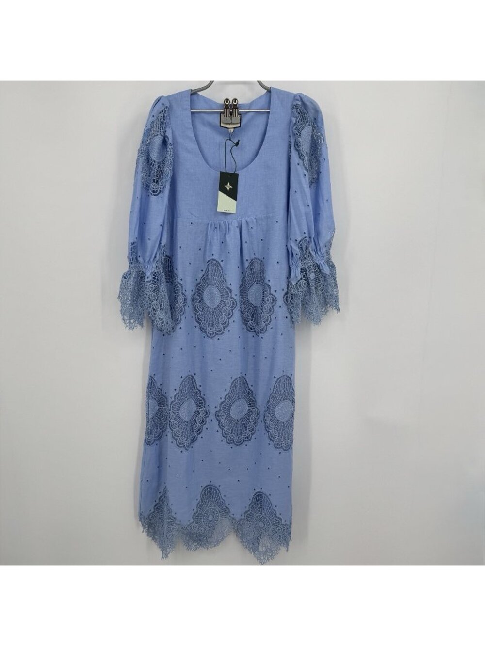Tuckernuck Women's Ashlyn Midi Dress sz S Forget Me Not Blue Lace Cotton/Linen